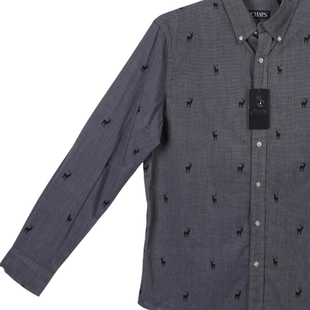 NWT Chaps Button-Up Shirt Men L Gray Deer Elk Print Long Sleeve Cotton Blend - Picture 4 of 8